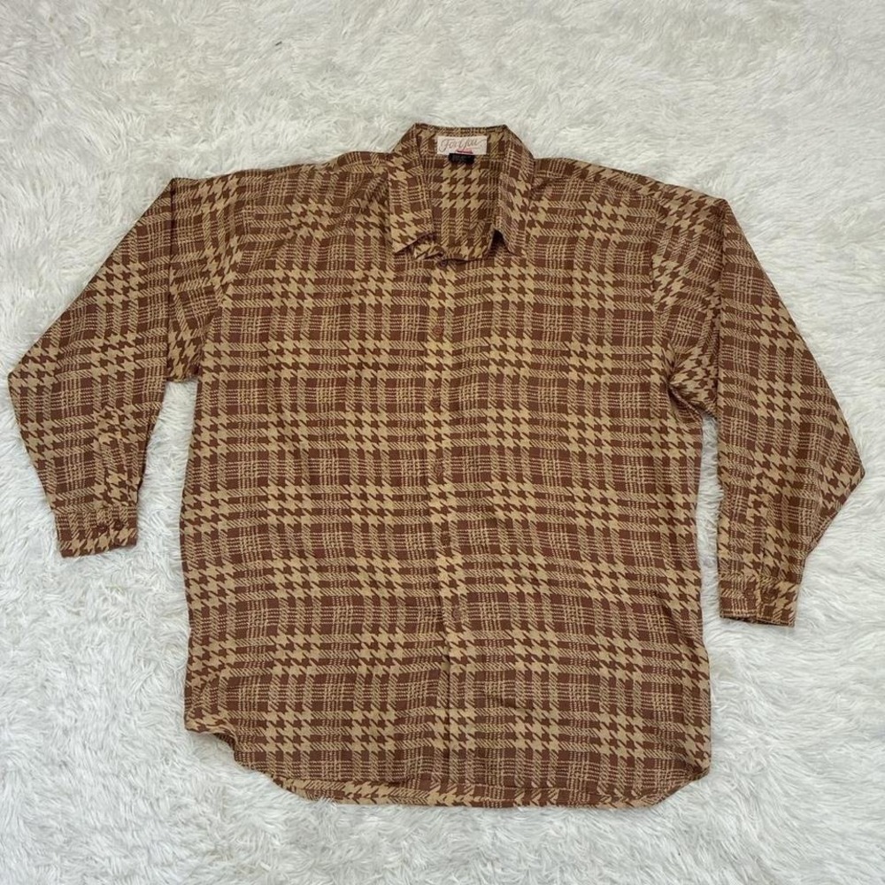 100% Silk Vintage 90s Retro Brown plaid Siegel button up shirt Size XL